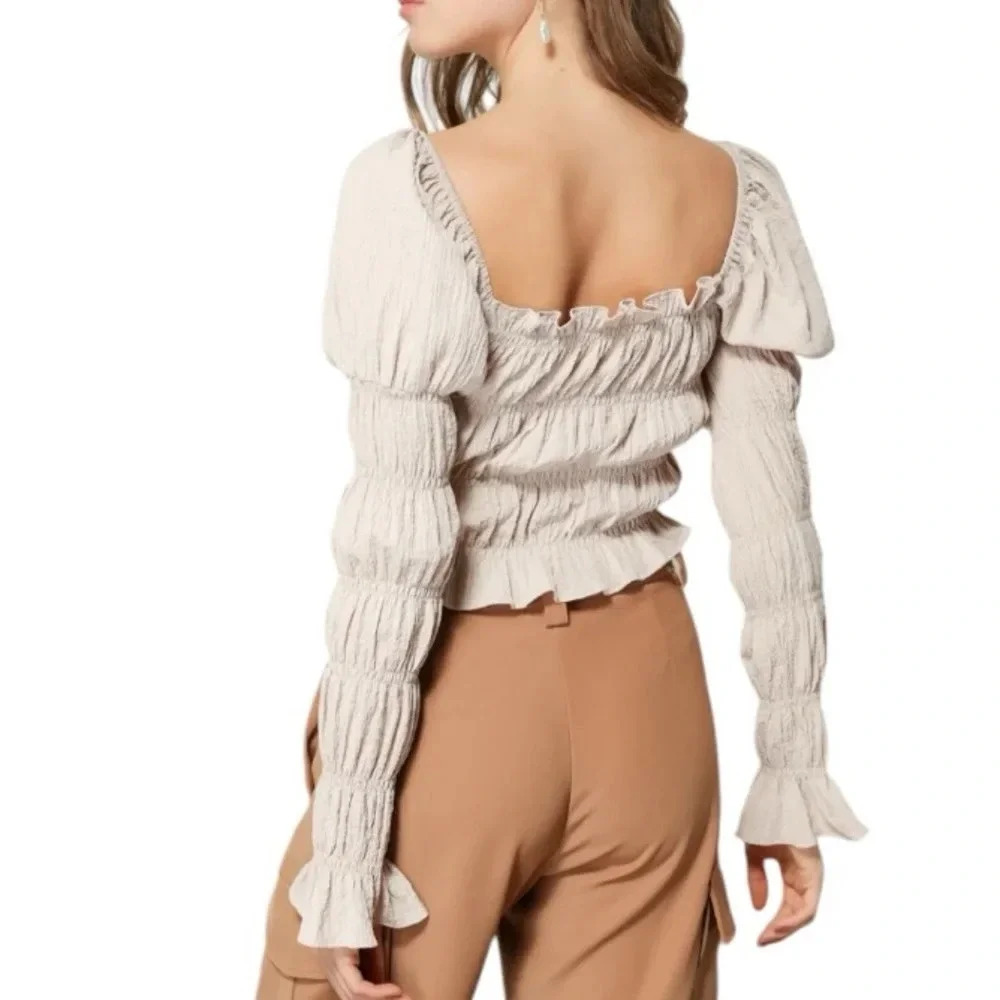 Line & Dot Rayon Blend Pippa Smocked Top Tan/Khaki NWT - Picture 2 of 5